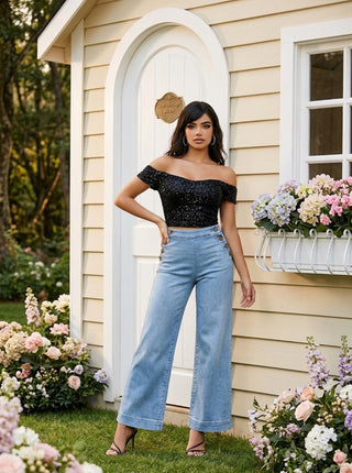 Madison High Waist Button Wide Jean | Light Denim Blue