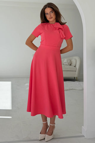 Minta Bow Detail Short Sleeve Midi Dress | Coral