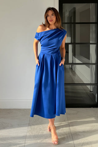 Betty Asymmetric Neckline Skater Midi Dress | Cobalt