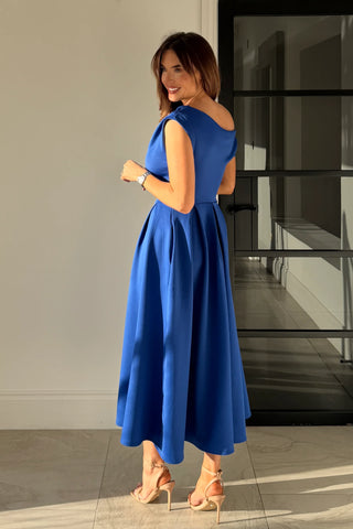 Betty Asymmetric Neckline Skater Midi Dress | Cobalt