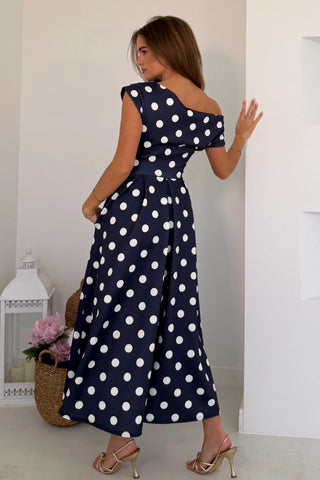 Betty Asymmetric Neckline Skater Midi Dress | Navy Polka