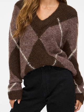 Tolise V Neck Long Sleeve Check Knit | Dark Coffee Bean Natural
