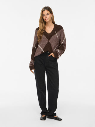 Tolise V Neck Long Sleeve Check Knit | Dark Coffee Bean Natural
