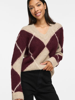 Tolise V Neck Long Sleeve Check Knit | Natural Melange Port