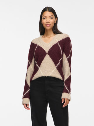 Tolise V Neck Long Sleeve Check Knit | Natural Melange Port