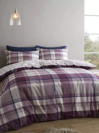 Catherine Lansfield Check Reversible Brushed Duvet Cover Set in Plum